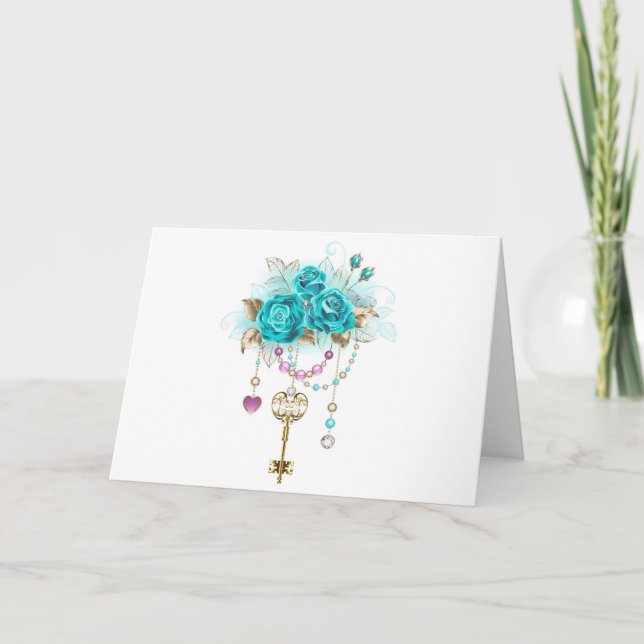 Carte Roses turquoise avec touches (Devant)