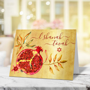 Carte Rosh Hashanah Rouge grenade Aquarelle sur or