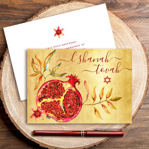 Carte Rosh Hashanah Rouge grenade Aquarelle sur or