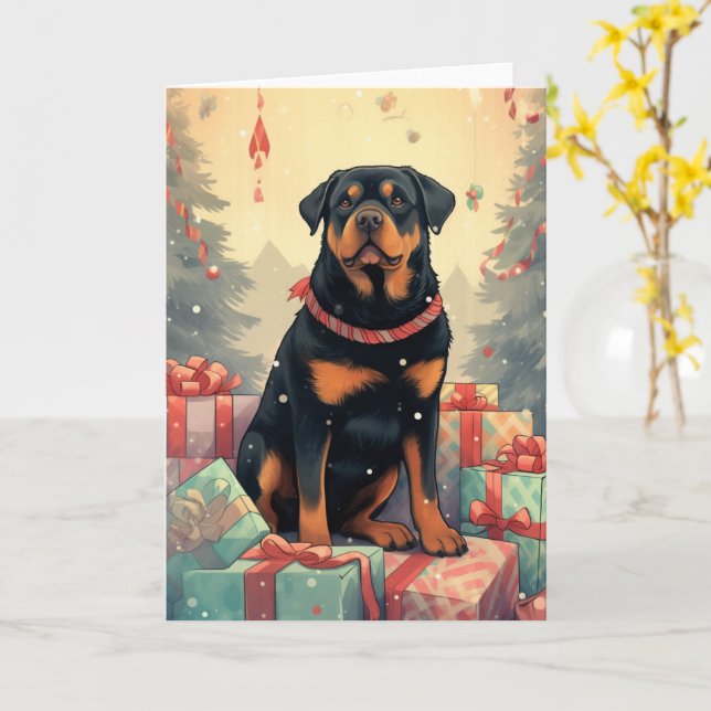 Carte Rottweiler Garder les présents de Noël (Fleur jaune)