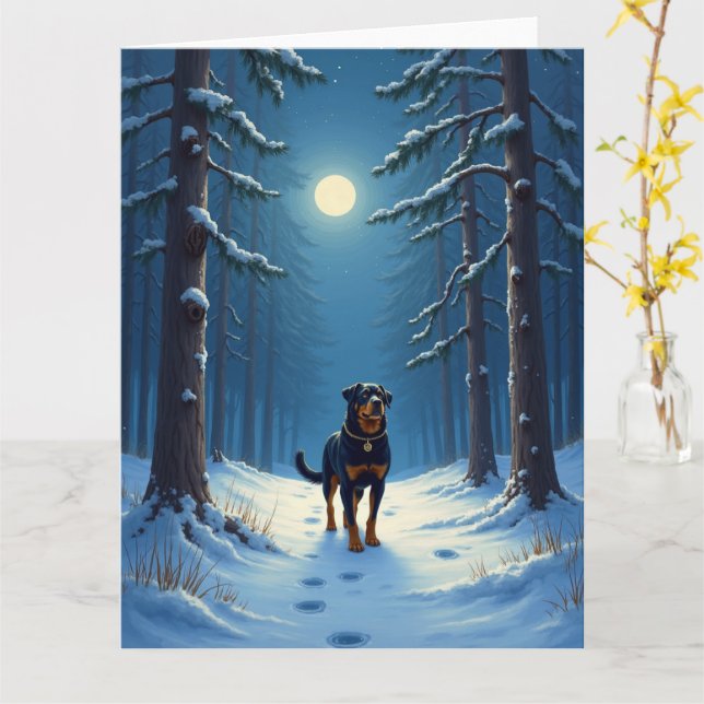 Carte Rottweiler Starry Forest Hike Christmas Painting (Fleur jaune)