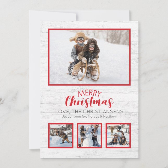 Carte Rouge Blanc Rustique Bois photo Noël (Devant)
