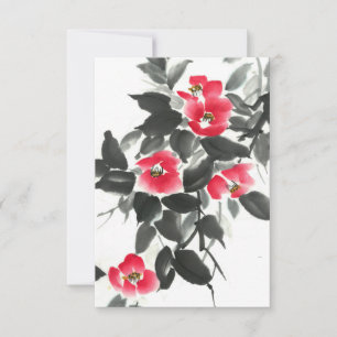 Carte Rouge camellia suie encre et aquarelle peinture