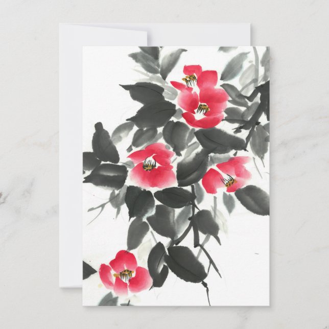 Carte Rouge camellia suie encre et aquarelle peinture (Devant)