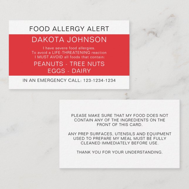 Carte rouge d'alerte aux allergies alimentaires (Devant / Derrière)