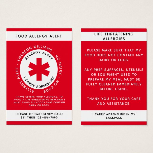Carte rouge d'alerte aux allergies alimentaires (Devant & derrière)
