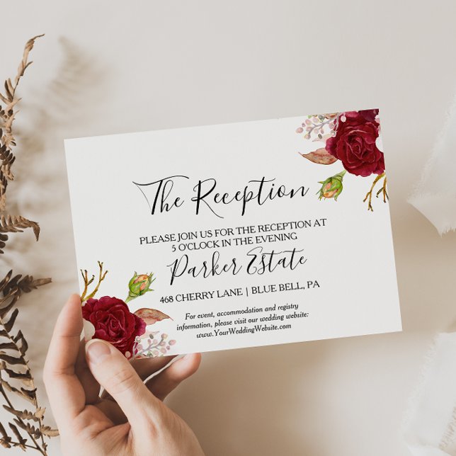 Carte rouge de réception de mariage tropical et ro (Créateur téléchargé)