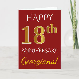 Carte Rouge, Faux Gold 18e anniversaire de Mariage + Nom