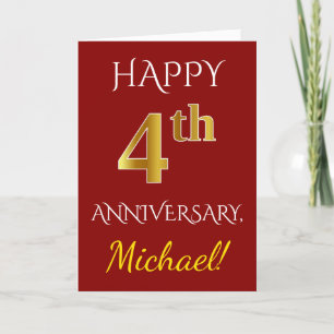 Carte Rouge, Faux Gold 4ème anniversaire Mariage + Nom