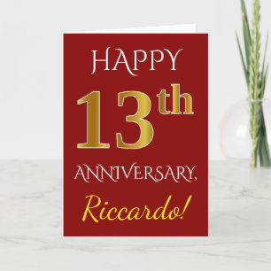 Carte Rouge, Faux Or 13e Anniversaire de Mariage + Nom