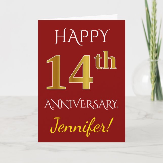 Carte Rouge, Faux Or 14e Anniversaire de Mariage + Nom (Devant)
