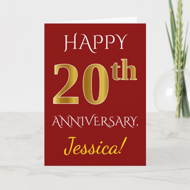 Carte Rouge, Faux Or 20e Anniversaire de Mariage + Nom (Devant)
