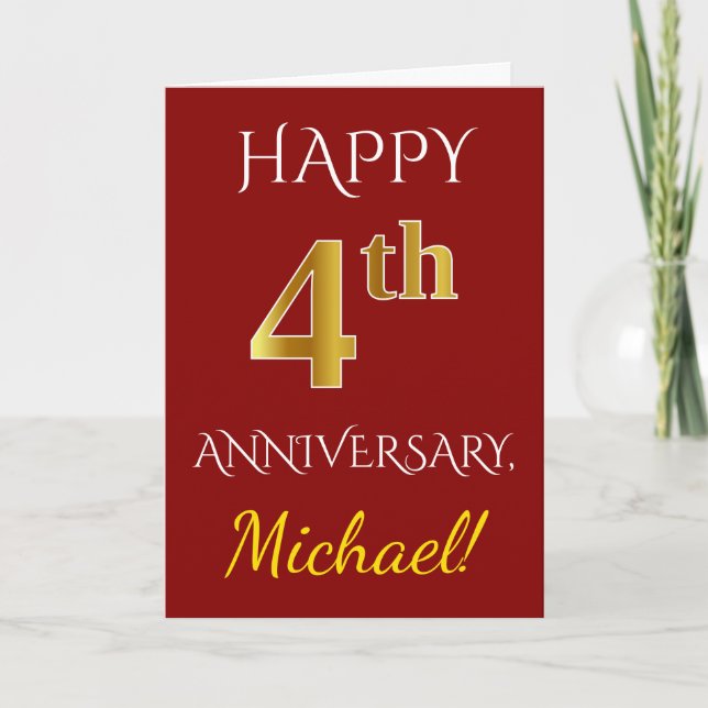 Carte Rouge, Faux Or 4e Anniversaire de Mariage + Nom (Devant)