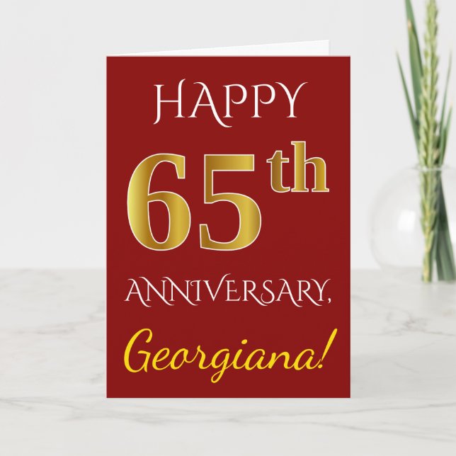 Carte Rouge, Faux Or 65e Anniversaire de Mariage + Nom (Devant)