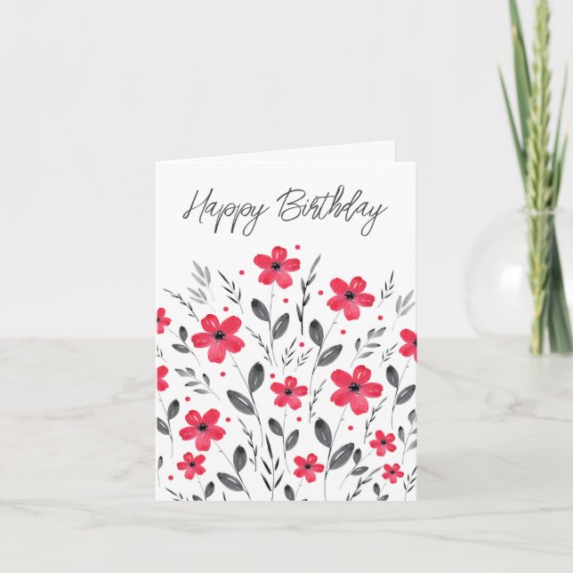 Carte Rouge gris cinq pétales Aquarelle Motif Floral (Devant)