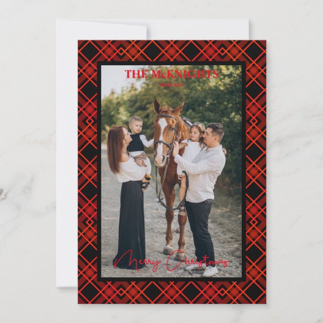 Carte Rouge Joyeux Noël Tartan Plaid Photo Famille (Devant)