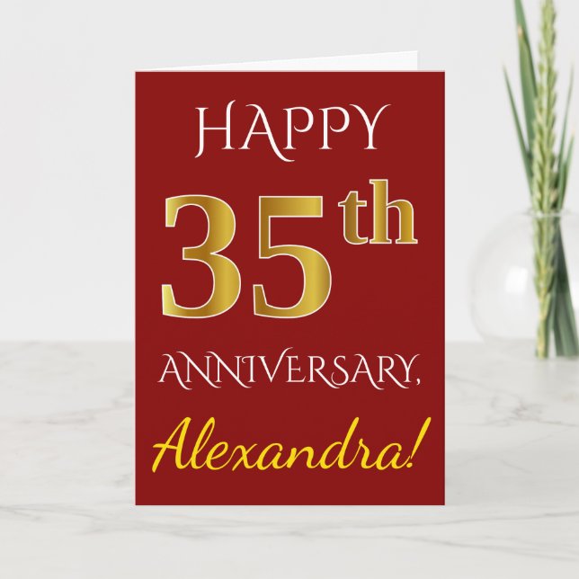 Carte Rouge, Or Faux 35e Anniversaire de Mariage + Nom (Devant)