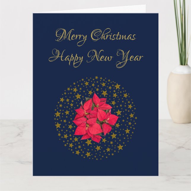 Carte Rouge Poinsettia Plante sur un ciel étoilé brillan (Devant)