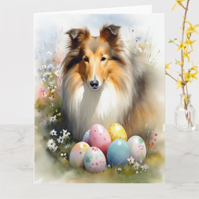 Carte Rough Collie Chien avec Oeufs de Pâques Fête (Fleur jaune)