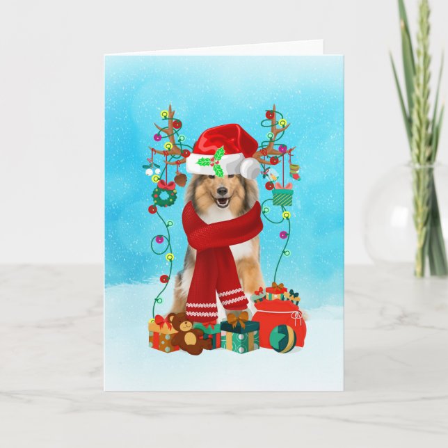 Carte Rough Collie dans la neige avec cadeaux de Noël (Devant)