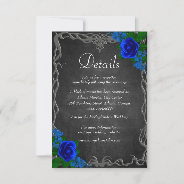 Carte Royal Blue Rose Chalk Board Détails du Mariage de  (Devant)