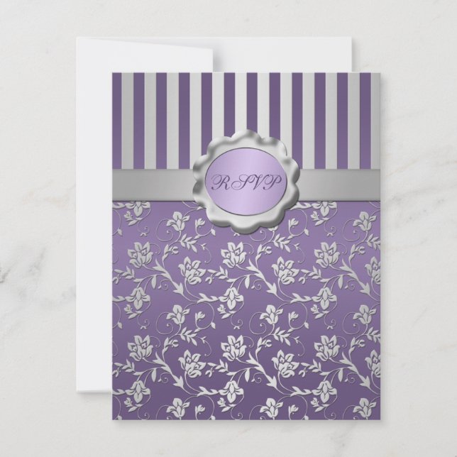 Carte RSVP à rayures florales violettes et grises (Devant)