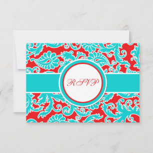 Carte RSVP Aqua Bleu, Rouge, Blanc Damas
