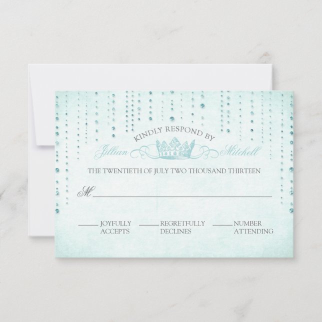 Carte RSVP Aqua Sparkles & Crown Fairytale Wedding (Devant)
