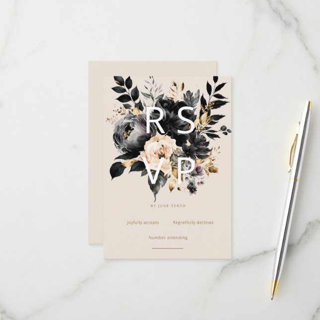 Carte RSVP Aquarelle Blanc Noir Or Floral (Devant/Arrière en situation)
