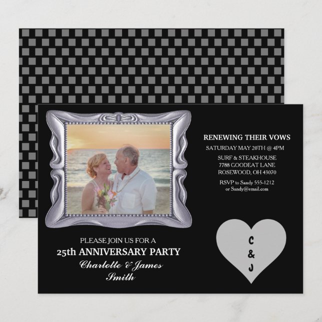 Carte RSVP argent du 25e anniversaire du Mariage (Devant / Derrière)