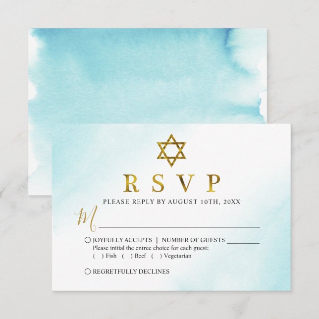 Carte RSVP Bat mitzvah Aquarelle Pastel Blue Gold (Devant / Derrière)