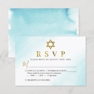 Carte RSVP Bat mitzvah Aquarelle Pastel Blue Gold
