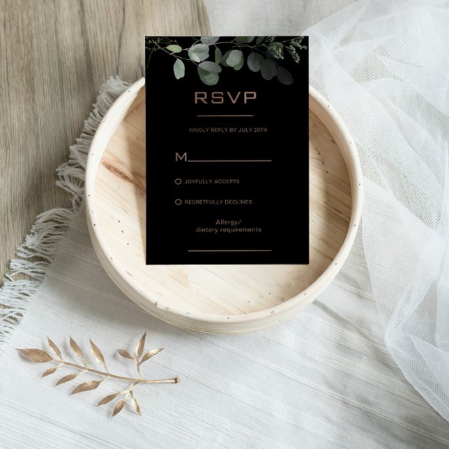 Carte RSVP Black Formal Minimal Eucalyptus Wedding (Créateur téléchargé)