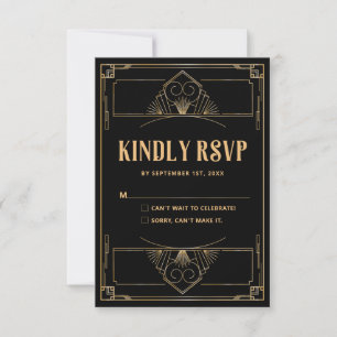 Carte RSVP Black Gold Art Déco 20s Mariage QR Code