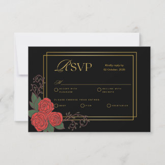 Carte RSVP Black Gold Red Rose Floral Wedding