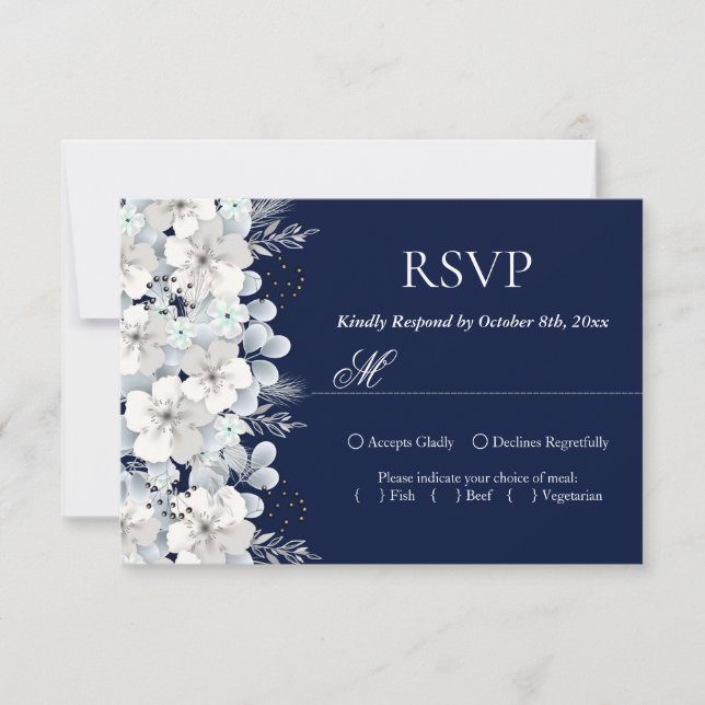 Carte RSVP blanc fleur sakura bleu marine (Devant)