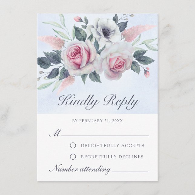 Carte RSVP bleu clair Rose couleur aquarelle roman (Devant)