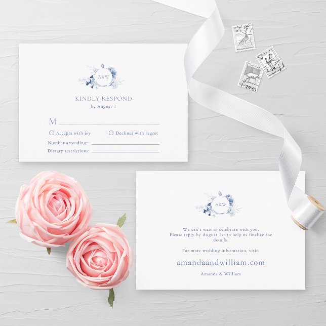 Carte RSVP bleu Dusty Floral avec Monogramme (Créateur téléchargé)