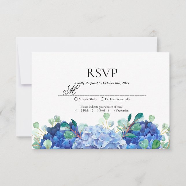 Carte RSVP bleu hydrangea eucalyptus vert (Devant)