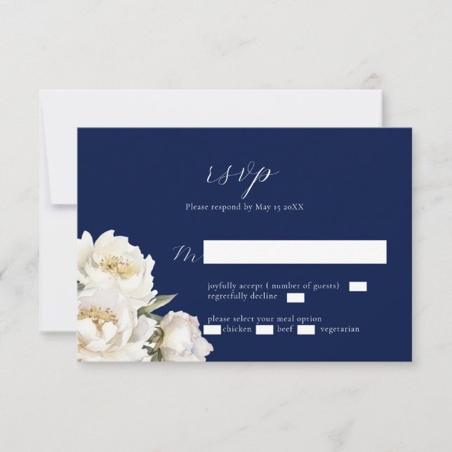 Carte RSVP bleu Mariage White Peony (Devant)