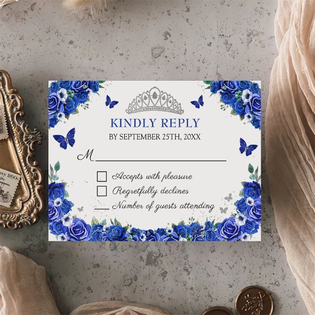 Carte RSVP Blue Floral Quinceañera Papillons (Créateur téléchargé)