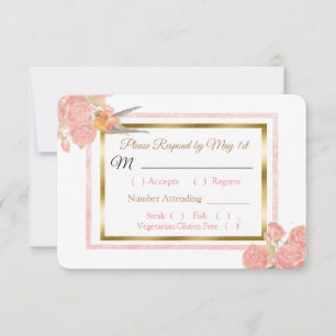 Carte RSVP Blue PInk Gold Bird & Floral Wedding