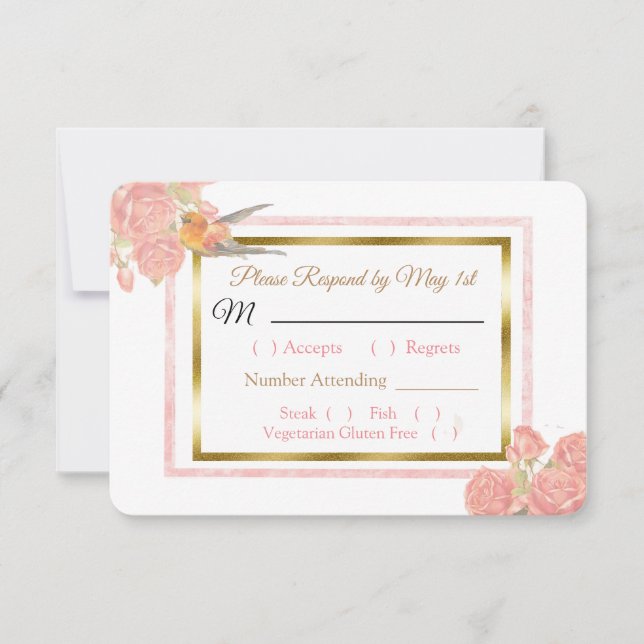 Carte RSVP Blue PInk Gold Bird & Floral Wedding (Devant)