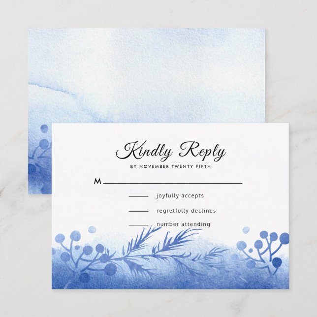 Carte RSVP Blue Winter Pine Branches et Berries (Devant / Derrière)