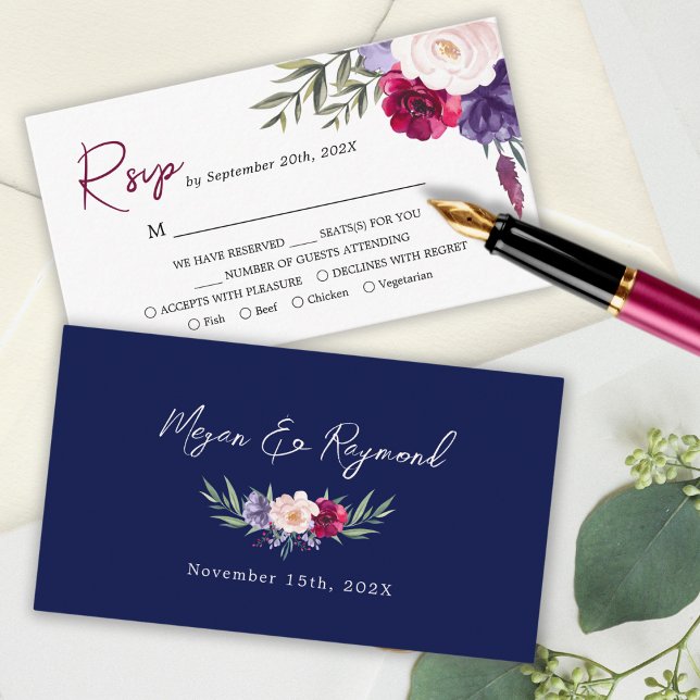 Carte RSVP Blush Floral de Burgundy Navy (Créateur téléchargé)