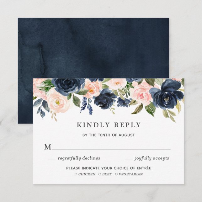 Carte RSVP Blush & Navy Floral Faire-part de maria (Devant / Derrière)