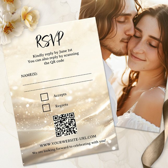 Carte RSVP Boho Chic Sparkling Gold Wedding (Photo boho chic RSVP card featuring a sparkling gold design, with QR code template)