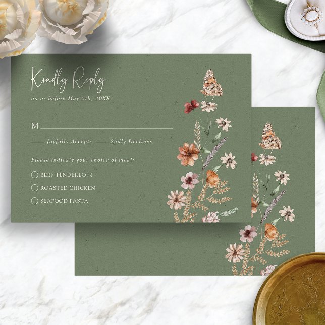 Carte RSVP Boho Sage (Boho Sage Green Floral with Butterfly RSVP Card by Painted Paperie
)