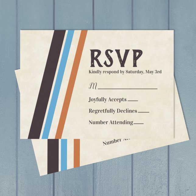 Carte RSVP Brown, Bleu Diagonal Stripes Bar Mitzva (Retro stylish bar mitzvah rsvp cards with caramel brown, blue, and eggplant purple stripes)