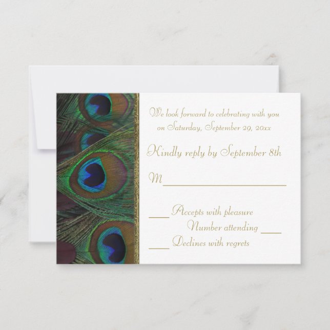Carte RSVP Brown, Plumes Peacock Or (Devant)